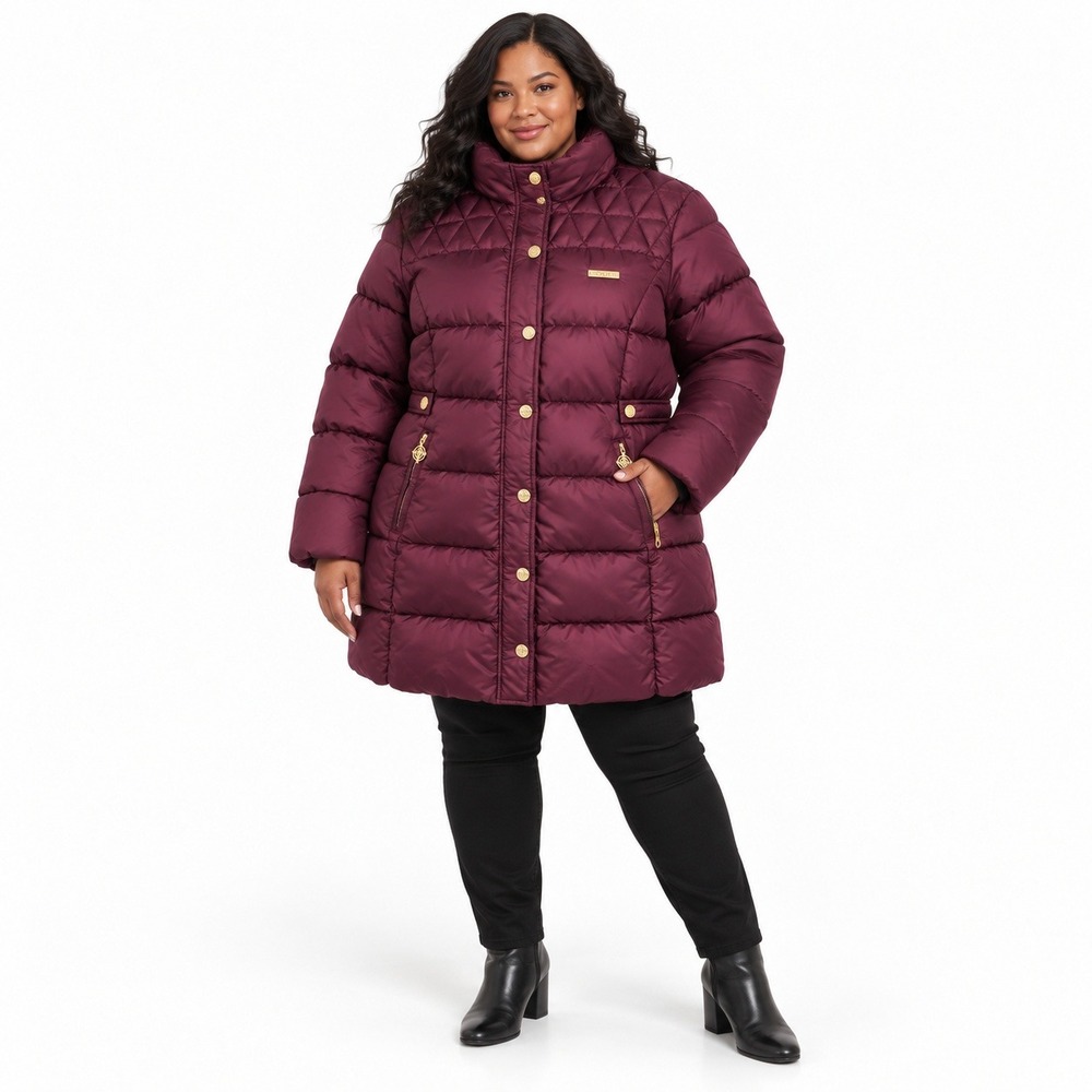 COOGI Women's 3X Plum Logo Puffer Coat Gold Hardware Y2K Streetwear Winter Quilt